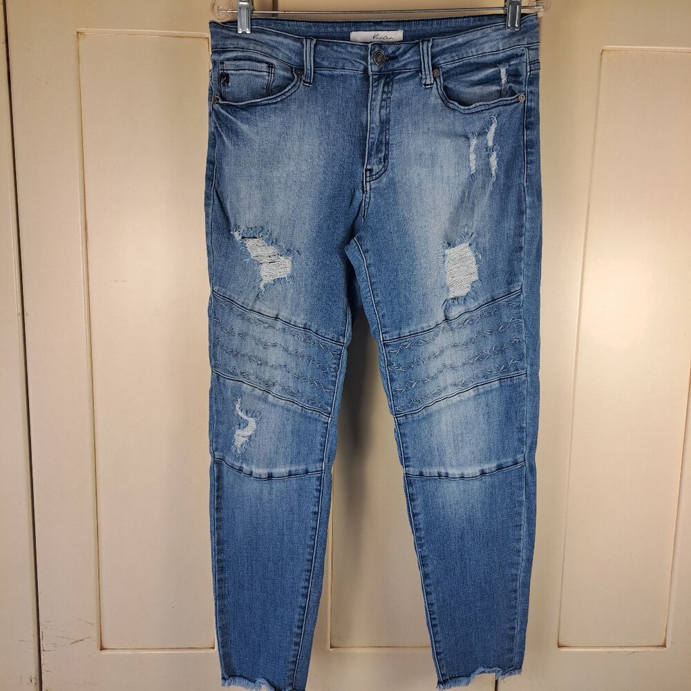 KanCan Lt Wash Distresses Embroidered Detail Fray Hem Skinny Jeans Sz 31